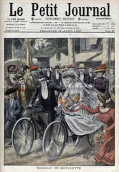Hochzeit mit dem Fahrrad im Hof des Rathauses von Nizza, in „Le Petit Journal“ vom 25. April 1909 (Gravur)