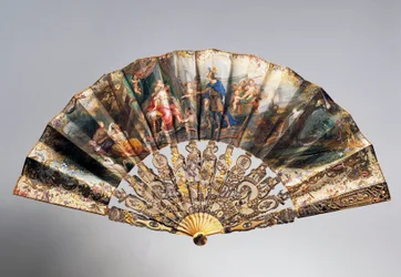 Hochzeitshandfächer, der David zeigt, wie er seine Krone an Bathseba übergibt, Louis XVI-Stil Stäbe