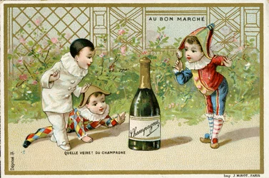 Was für ein Glück! Eine Flasche Champagner, Werbekarte für das Pariser Kaufhaus Au Bon Marché, ca. 1895