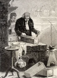 William Cruickshank baute den Trogstapel - im „Album der Wissenschaft; berühmte Gelehrte; Große Entdeckungen“ 1896.