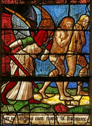 Fenster mit Adam und Eva, die aus Eden vertrieben werden