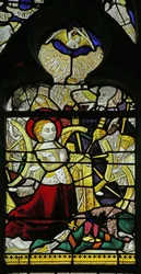 Fenster mit Darstellung der betenden Heiligen Katharina und Engeln, die das Rad durch Steinwürfe zerbrechen, 1460-70