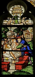 Fenster mit Susanna, die beim Baden belästigt wird