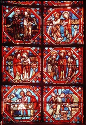 Fenster, das die Eltern Christi und Bäcker beim Backen und Verkaufen von Brot darstellt, aus der Apsis