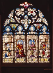 Fenster darstellend die Jungfrau und das Kind mit St. Johannes dem Täufer, St. Peter präsentiert Pierre Tullier und seine Frau, St. Johannes präsentiert Jehan, François und Pierre Tullier und St. Jakobus präsentiert vier