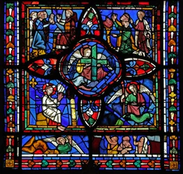 Fenster, Darstellung des ersten Abschnitts des Fensters w7; In der Mitte sind die Reliquien der Passion (das Kreuz und der Speer); anderswo sind streitende Mönche und interpolierte Tafeln des Jüngsten Gerichts