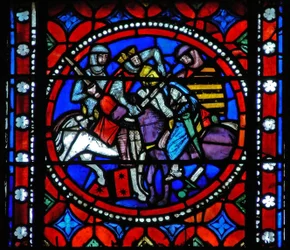 Fenster s1-R, eine Szene aus der Reise des heiligen Bonnet nach Rom darstellend; König Aripert verwundet einen Ritter tödlich