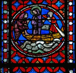 Fenster s1-R, eine Szene aus der Reise des heiligen Bonnet nach Rom und Abenteuer darstellend
