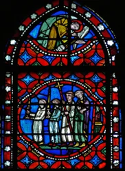 Fenster s1-R, eine Szene aus der Reise des heiligen Bonnet nach Rom und Abenteuer darstellend