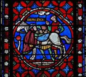 Fenster s1-R, eine Szene aus der Reise des heiligen Bonnet nach Rom und Abenteuer darstellend