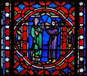 Fenster s1-R, eine Szene aus der Reise des heiligen Bonnet nach Rom darstellend; erhält Erfrischungen vom Abt des Klosters auf der Île Barbe