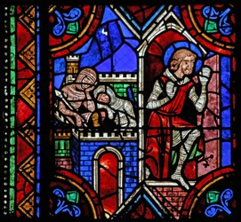 Fenster w06, Darstellung der Geschichte des Heiligen Julian von Brioude - Heiliger Ferreol, ein Freund von Julian, der während der Diokletianischen Verfolgungen starb, entkommt