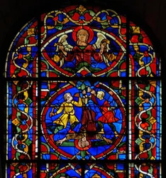 Fenster w107a Darstellung eines Engels und der Kreuzigung des Heiligen Petrus