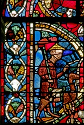 Fenster Nr. 12-R, Darstellung einer Szene aus der Geschichte vom verlorenen Sohn: Er geht fort