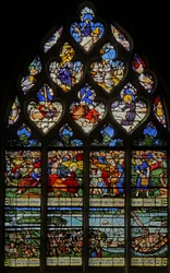 Fenster w12 mit Darstellung der Speisung der 5000; eine lokale Szene des Brückenbaus