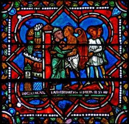 Fenster w17 zeigt eine Szene aus der Geschichte des verlorenen Sohnes: er kehrt zu seinem Vater zurück