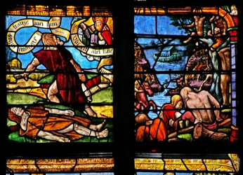 Fenster w1, Darstellung von Kain tötet Abel; Arche Noah