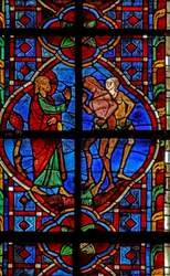 Fenster w207, Adam und Eva werden für das Essen der Frucht ermahnt darstellend