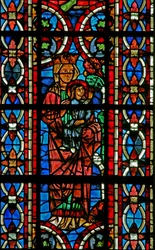 Fenster w211, ein Baum beugt sich zur heiligen Helena als Kind, um ihr seine Früchte zu geben, darstellend