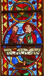 Fenster w213, Darstellung einer Szene aus dem Leben von St. Thomas: der Heilige bei einem Hochzeitsbankett für die Tochter des Königs von Indien wird von einem Mundschenk geohrfeigt