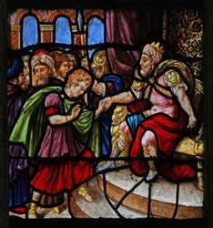 Fenster w25, das eine Szene aus der Geschichte von Joseph darstellt: vor dem Pharao (modern)