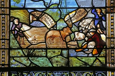 Fenster w26, das von Vergil inspirierte ländliche Szenen unter Christus am Kreuz darstellt