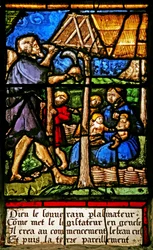 Fenster w2 mit Adam und Eva, die arbeiten und Kinder großziehen