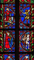 Fenster w30, Darstellung des Todes von Kain; Adam und Eva werden aus Eden vertrieben