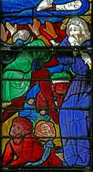 Fenster w4, Beerdigung der Jungfrau Maria und das Stürzen des Sarges (der Junge aus Bourges)