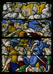 Fenster w5, Szene aus der Offenbarung des Johannes: Pferde mit Löwenköpfen, Rauch und Schwefel aus ihren Mäulern