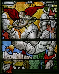 Fenster w5, Szene aus der Offenbarung des Johannes: Einer der sieben Engel mit Trompeten