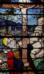 Fenster w5 mit einer Szene aus dem Leben der heiligen Maria Magdalena - die Heilige am Kreuz