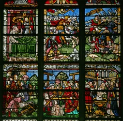 Fenster w8, Darstellung der Hl. Helena und der Auffindung des Kreuzes mit Kaiser Konstantin; darüber die Schlachtszene, in der das Kreuz erschien und Konstantin triumphiert