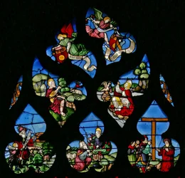 Fenster w8, Darstellung von Johannes dem Täufer, Johannes dem Evangelisten, Abraham und Isaak, Moses und dem brennenden Dornbusch und der Erhöhung des Kreuzes