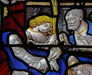Fenster w9 mit einem Detail vom Tod der Jungfrau Maria