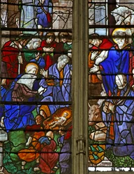 Fenster w9 mit Darstellung der Anbetung der Hirten; der Stifter Baurot und St. Roche