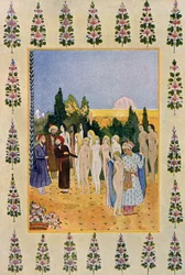 Mit meinem Umhang werde ich ihre Nacktheit schützen, Illustration aus Tausendundeine Nacht, 1895 (Farbstich)