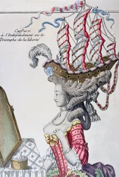 Frau in einem Tageskleid mit einer Frisur à la Belle Poule, Zeit der amerikanischen Unabhängigkeit, 1779-80