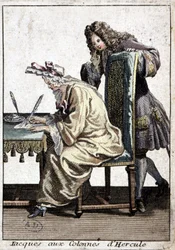 Frau im Hemd und Nachthaube schreibt einen Brief mit einem Mann, ca. 1715