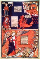 Die Frau der Apokalypse wird vom siebenköpfigen Drachen angegriffen und St. Michael tötet den Drachen, aus Liber Floridus von Lambert de Saint-Omer, ca. 1120
