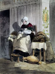 Frau öffnet Austern, Druck aus der Serie Frauen von Paris, Frankreich