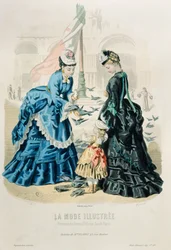 Frauen und ein Kind, die Tauben füttern, aus La Mode Illustrée, 1872