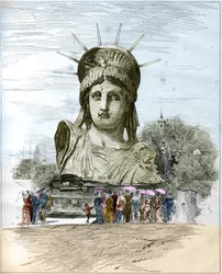 Weltausstellung 1878 in Paris: der Kopf der Freiheitsstatue von Frederic Auguste Bartholdi (1834-1904). Gravur von Edgard Morin in "The Illustrous World" Nr. 1111 vom 13. Juli 1878