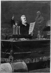Schriftsteller Victor Hugo (1802-1885) spricht anlässlich des 100. Todestages von Voltaire, berühmt im Théâtre de la Gaîté in Paris am 30. Mai 1878. Gravur in „Le Monde Illustré“ Nr. 1106 vom 8. Juni 1878.
