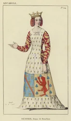 XIV Jahrhundert, Beatrix, Dame von Bourbon (farbiger Stich)