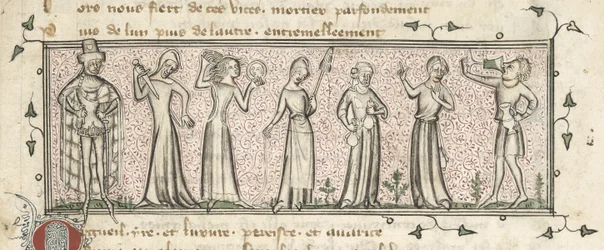 Yates Thompson 21, f. 165, Die sieben Todsünden, ca. 1380