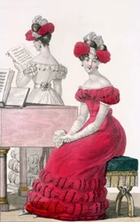 Junge Frau in einem Krepp-Abendkleid mit aufwendigem Kopfschmuck, Anzeige in Modes de Paris, ca. 1825