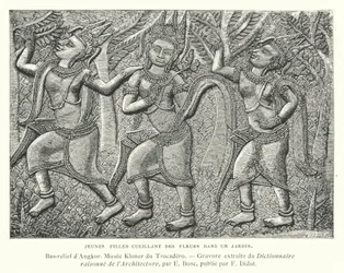 Junge Mädchen pflücken Blumen in einem Garten, Basrelief aus Angkor, Kambodscha (Gravur)