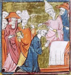 Die Krönung von Kaiser Karl dem Großen (742-814) durch Papst Leo III. (ca. 750-816) in St. Peter, Rom im Jahr 800, Grandes Chroniques de France, 1375-79