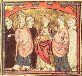 Dagobert I. (605-39), König der Franken, empfängt das Königreich Frankreich, aus den Grandes Chroniques de France, 1375-79